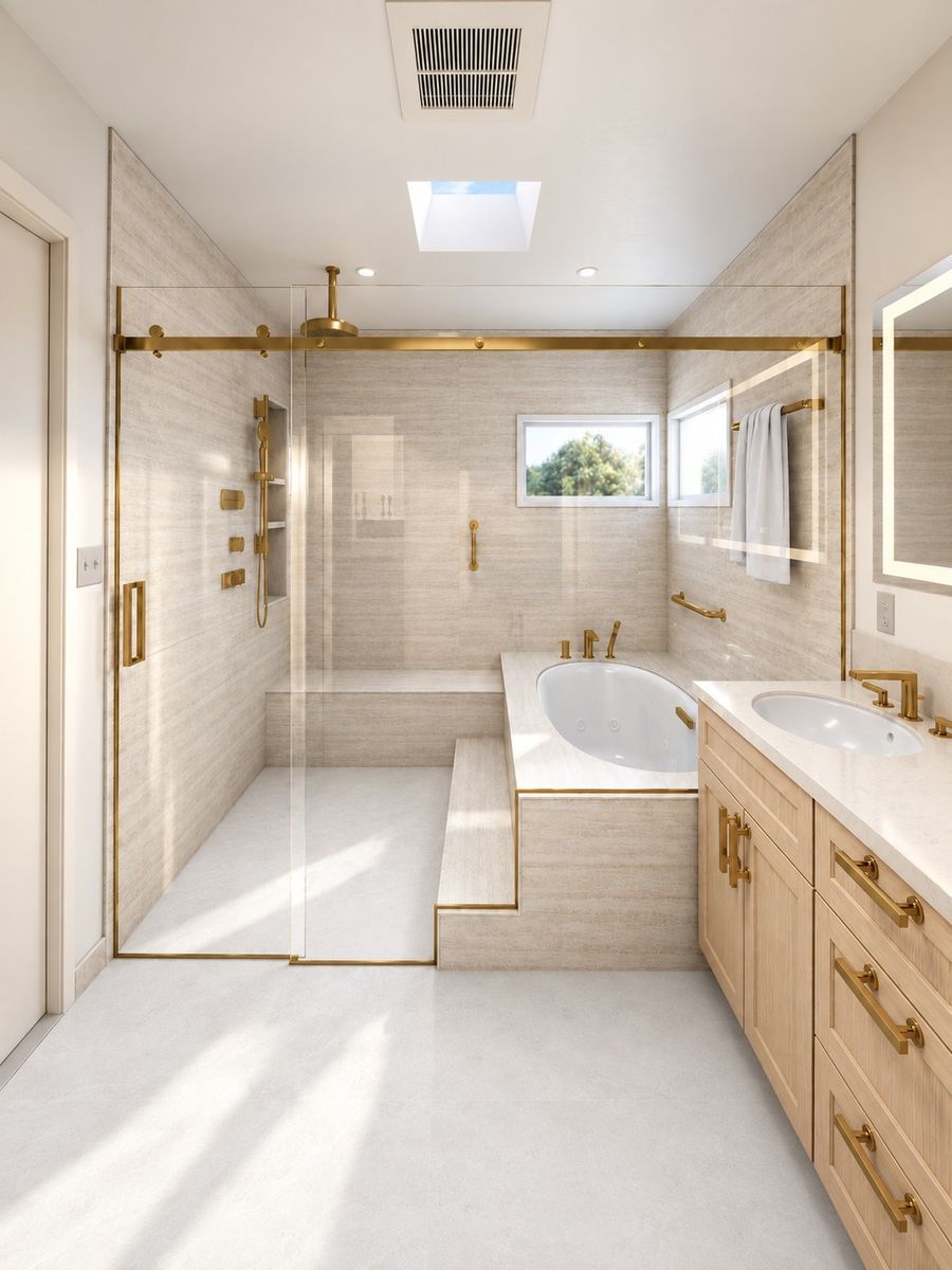 3D rendering of the same bathroom: walk-in shower with gold-framed glass, travertine-look tile, a built-in bench, a jetted tub, and a skylight