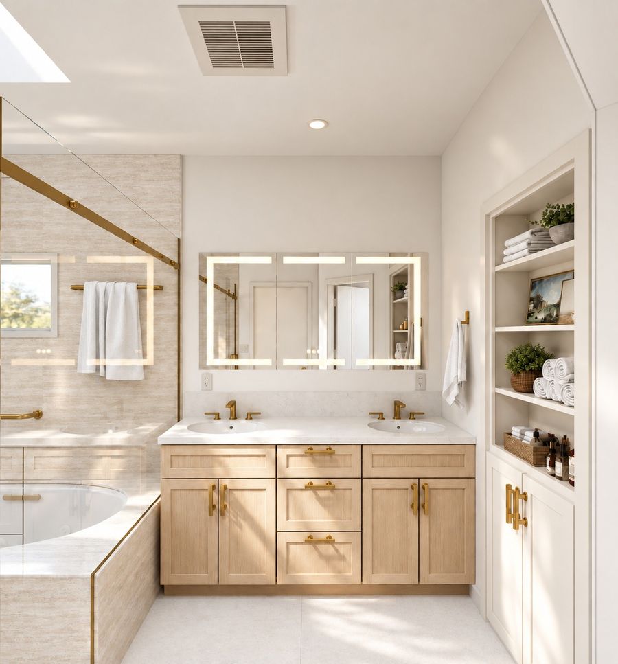 3D rendering of a bathroom with a light oak double vanity, brushed gold faucets and pulls, a backlit mirror, built-in open shelving, and a glass-enclosed tub area