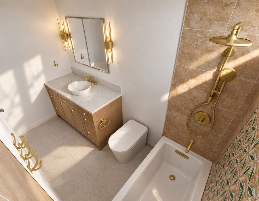 Overhead 3D rendering of the same bathroom: wood vanity with a white vessel sink with gold veining, gold sconces and fixtures, warm tan wall tile, and the leaf-pattern mosaic beside the tub