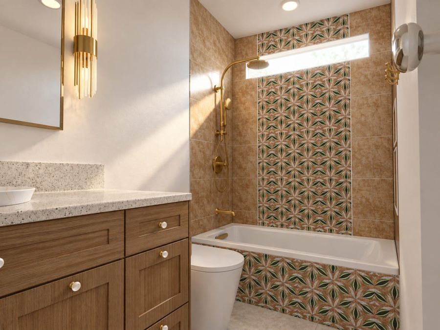 3D rendering of a bathroom tub and shower with a vertical band of green and terracotta leaf-pattern mosaic, warm tan wall tile, a narrow window, and a brushed gold shower set beside a wood vanity