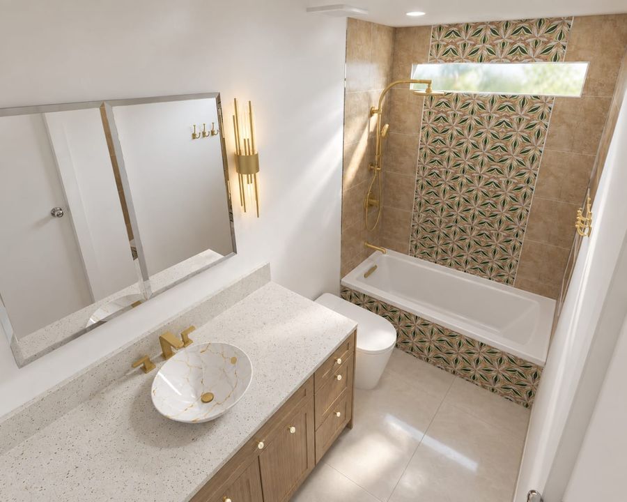 Overhead 3D rendering of the same bathroom from the doorway: wood vanity with a speckled quartz top and gold-veined vessel sink, gold sconce and faucet, and the tub with its leaf-pattern mosaic surround