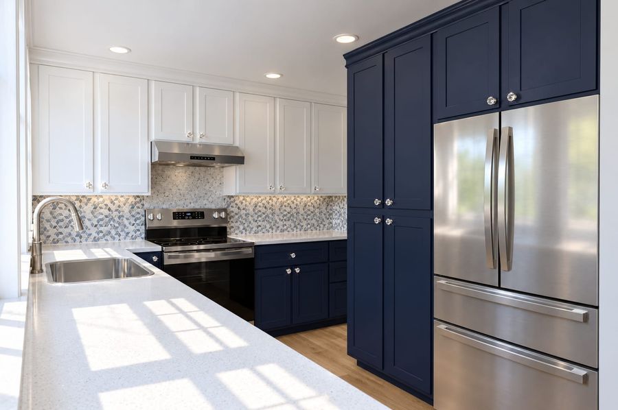 3D rendering of a kitchen with navy lower and tall pantry cabinets, white shaker upper cabinets with crystal knobs, a blue and gray geometric mosaic backsplash, quartz counters, and a stainless range and French-door refrigerator