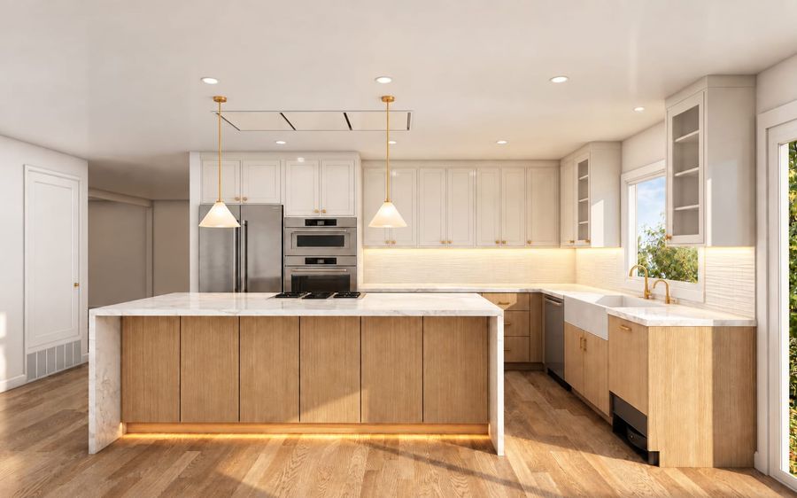 3D rendering of a kitchen seen straight on: marble waterfall island with light oak base and under-cabinet glow, white shaker upper cabinets with brass knobs, textured white backsplash, and a fluted farmhouse sink