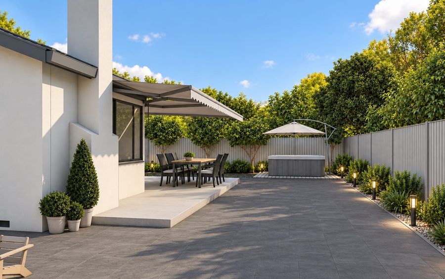 3D rendering of the same backyard: an outdoor dining table under a retractable awning, a long gray tile patio, a hot tub under an umbrella, and lit planting beds along the fence
