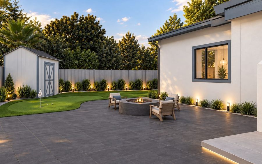 3D rendering of a backyard at golden hour with a round fire pit and lounge chairs on a gray tile patio, a putting green, a garden shed, and low path lights along the fence