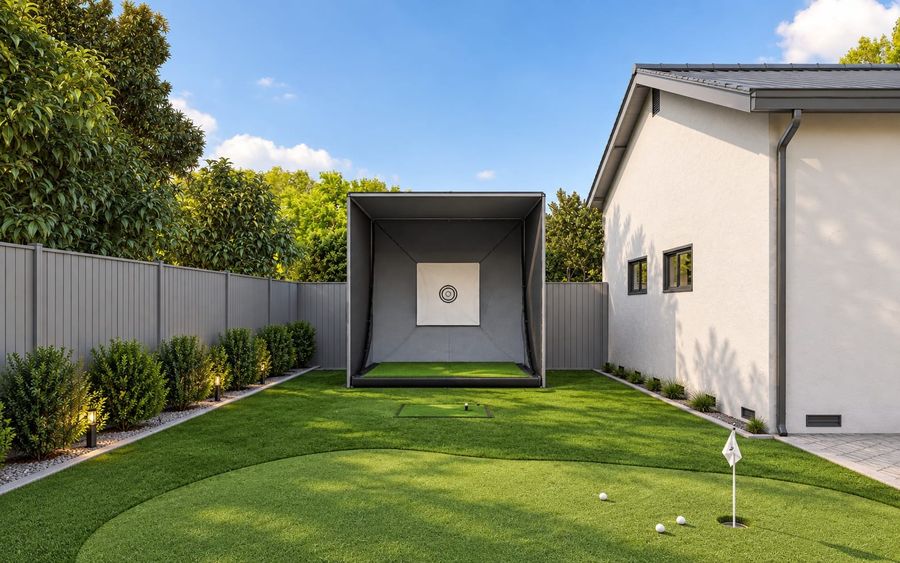 3D rendering of the same backyard's side yard: a golf practice net, a hitting mat, and a putting green on artificial turf, framed by a gray fence and planting beds