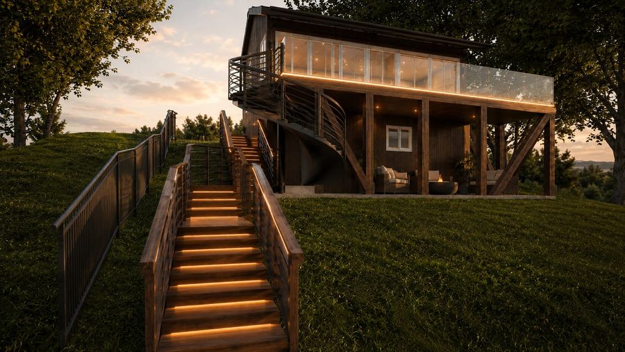 3D rendering at dusk of a hillside home with lit wooden stairs, a spiral staircase to a glass-railed upper deck, and a covered lounge with a fire bowl below
