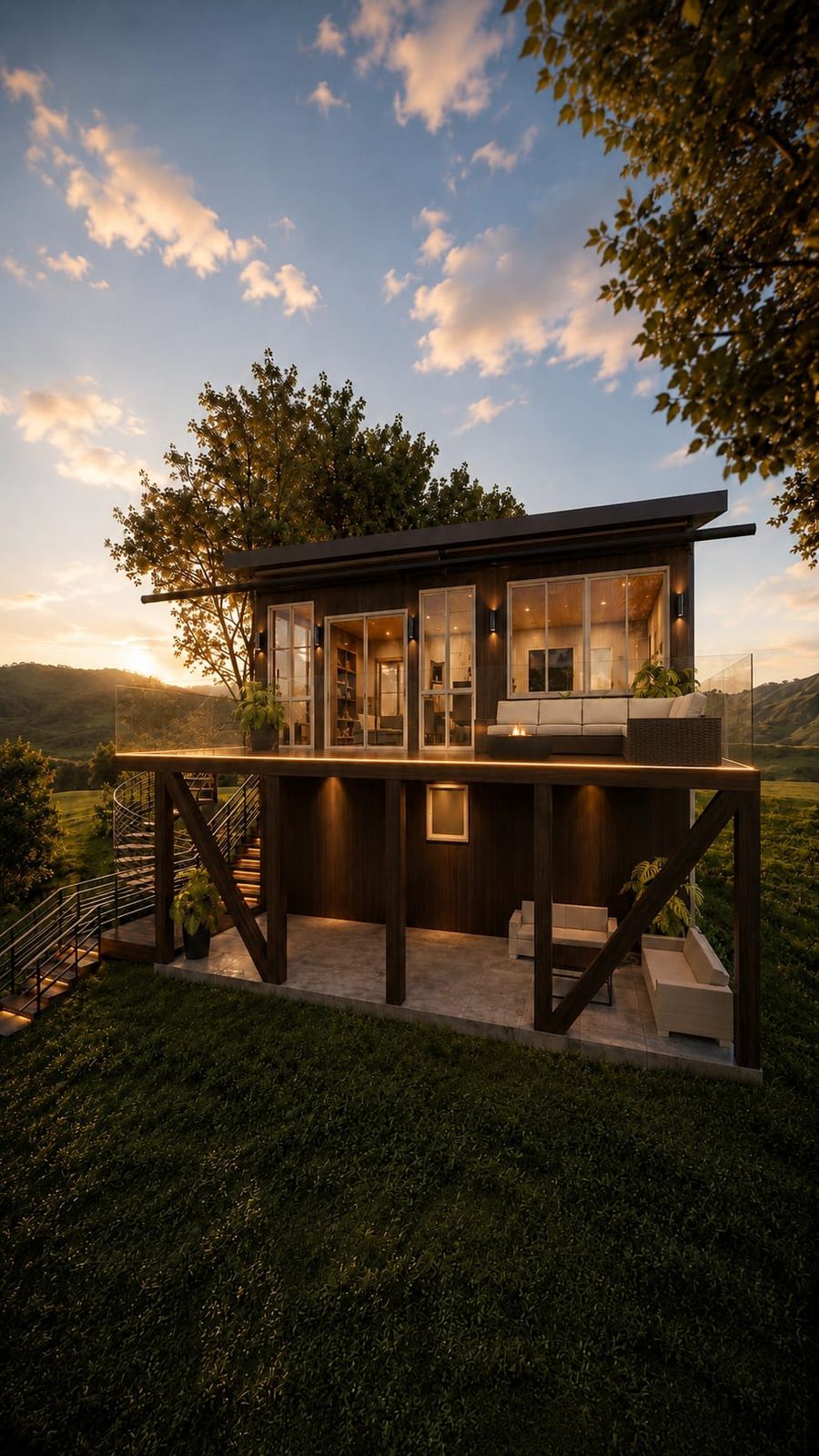 3D rendering at sunset of the same hillside home from below: the glass-railed upper deck, a covered patio lounge underneath framed by timber cross braces, and the spiral and straight stairs